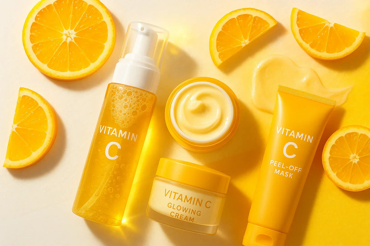 Vitamin C skincare products including foaming face wash, face cream, and face mask with oranges for healthy glowing skin