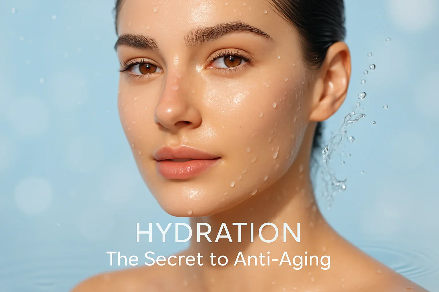 Woman with glowing, hydrated skin showing water droplets on face — representing hydration as the secret to anti-aging skincare.