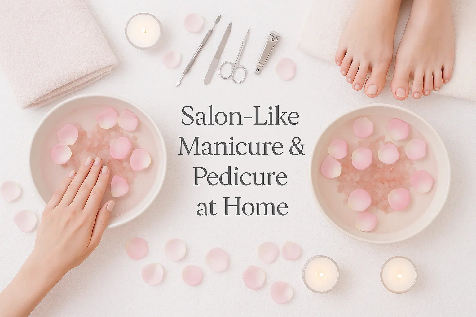 Top view of a relaxing home manicure and pedicure setup with hands and feet soaking in rose water bowls, surrounded by candles, petals, and nail care tools representing an easy salon like spa experience at home.
