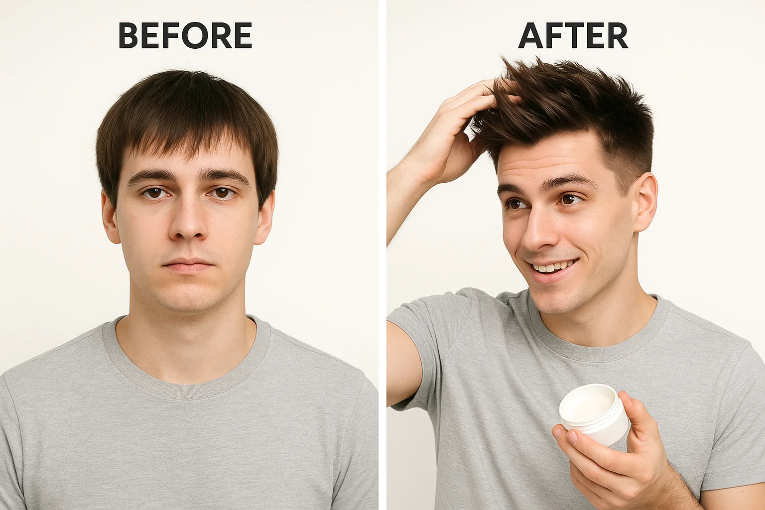 Before and after comparison of a young man using hair wax to add instant volume, showing flat hair on the left and lifted, styled hair on the right.