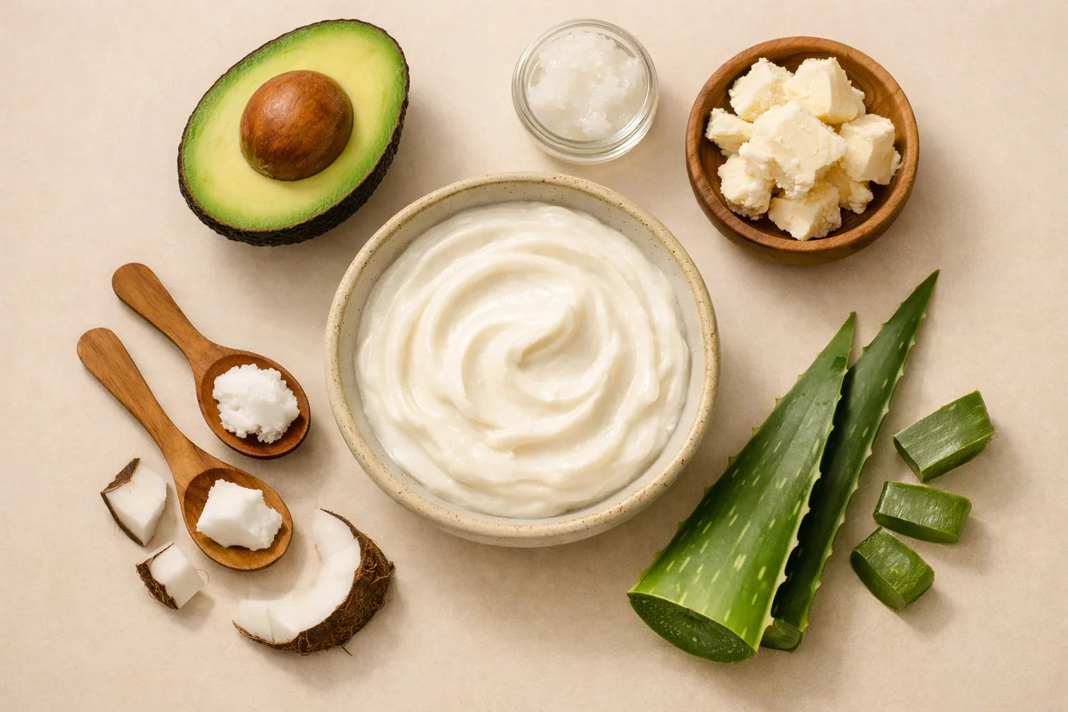 Natural ingredients for deep conditioning hair mask including avocado, aloe vera, coconut oil, and shea butter