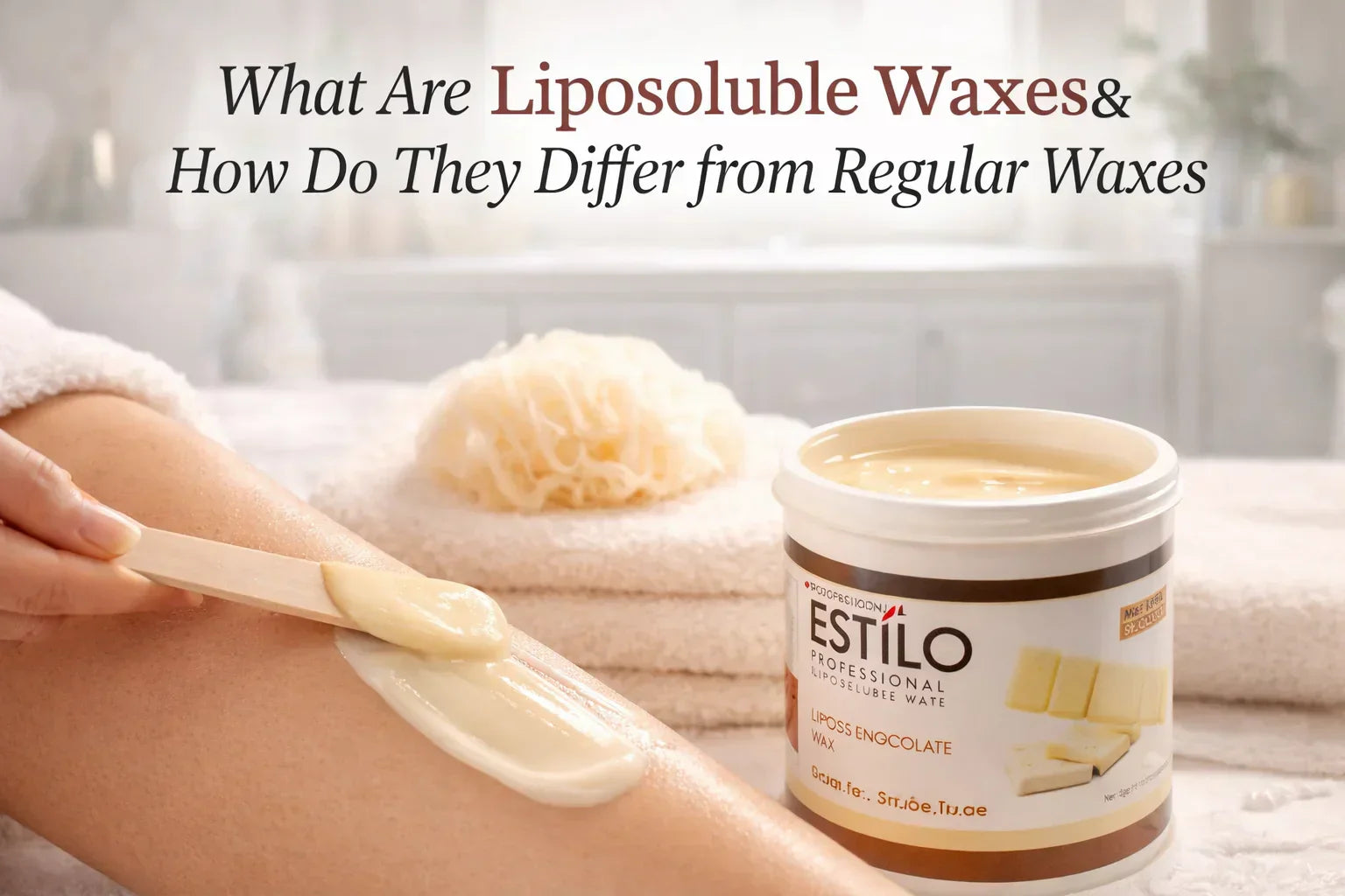 Liposoluble wax being applied on leg with wooden spatula, creamy white chocolate hair removal wax jar placed beside on towel, demonstrating difference between liposoluble and regular waxing.