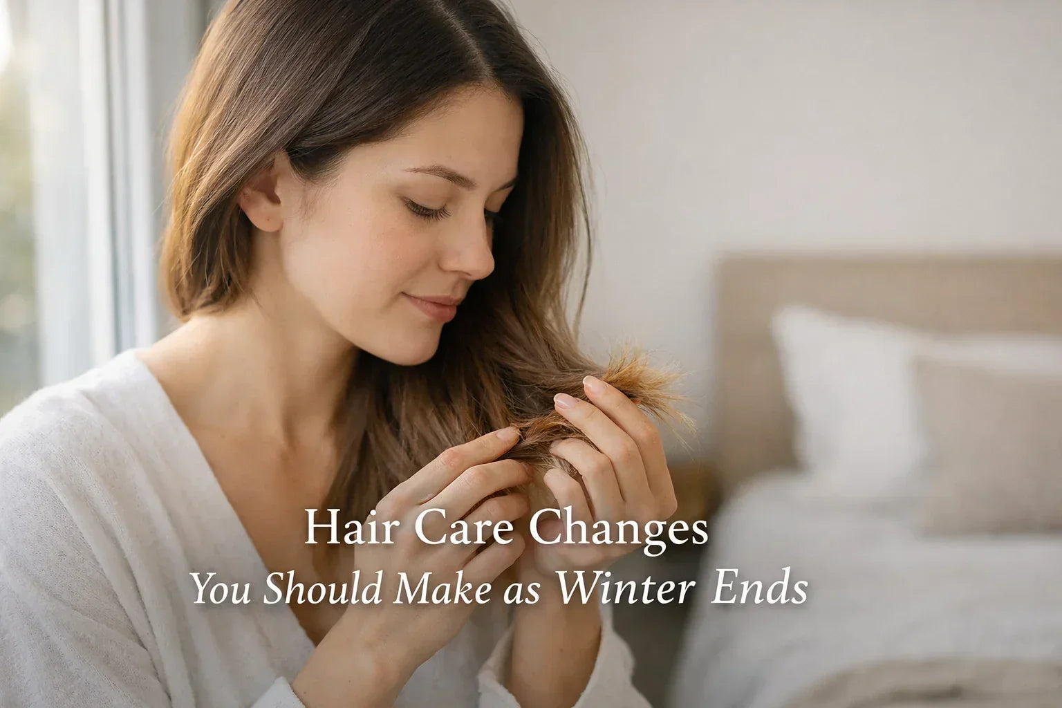 Woman checking dry hair ends during seasonal transition as winter ends