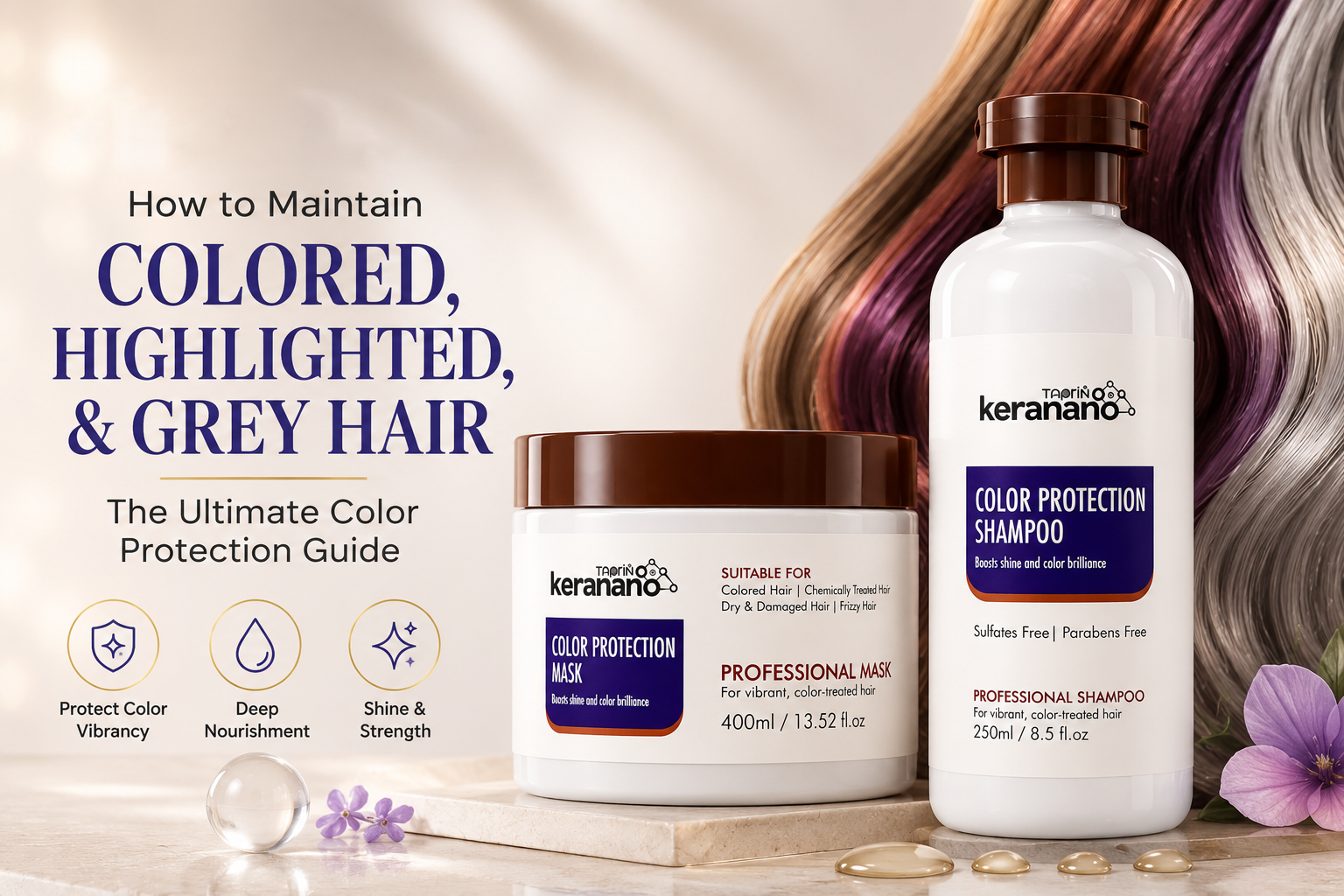 Color Protection Shampoo and Color Protection Hair Mask featured in a hair care guide for maintaining colored, highlighted, and grey hair with long-lasting shine and color vibrancy.