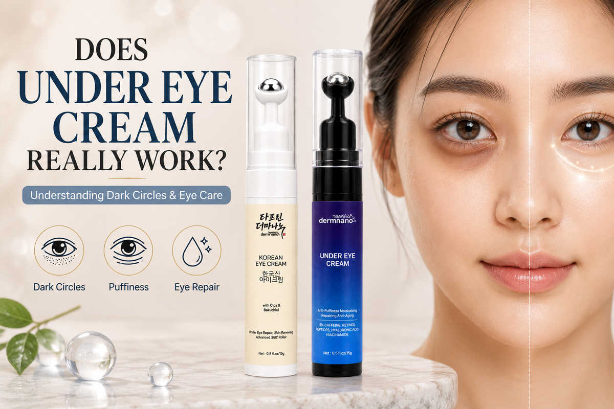 Does Under Eye Cream Really Work? Featured image showing Korean under eye cream products for dark circles, puffiness, and eye repair.