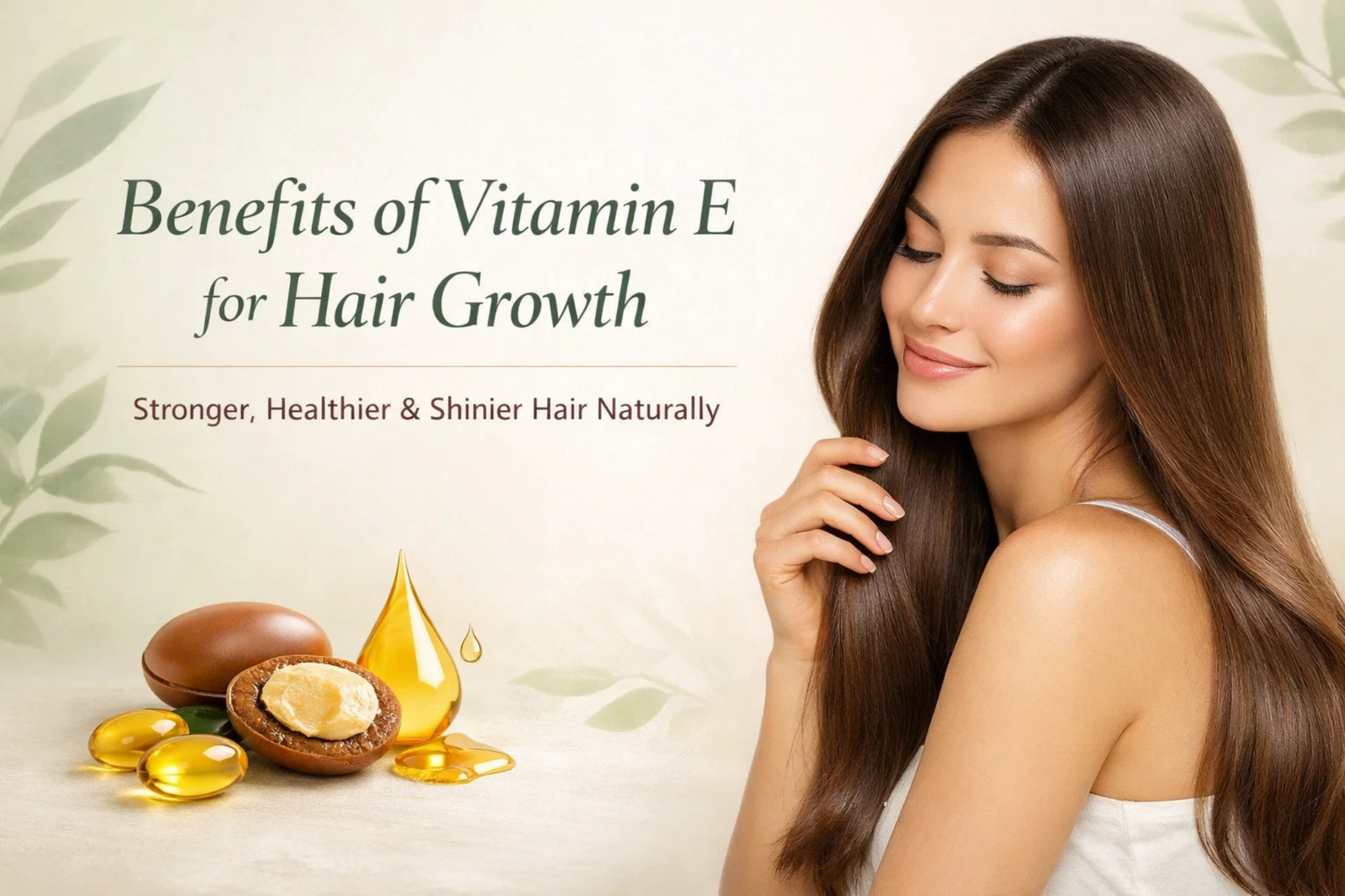 Benefits of Vitamin E for hair growth concept with healthy hair woman and argan oil ingredients