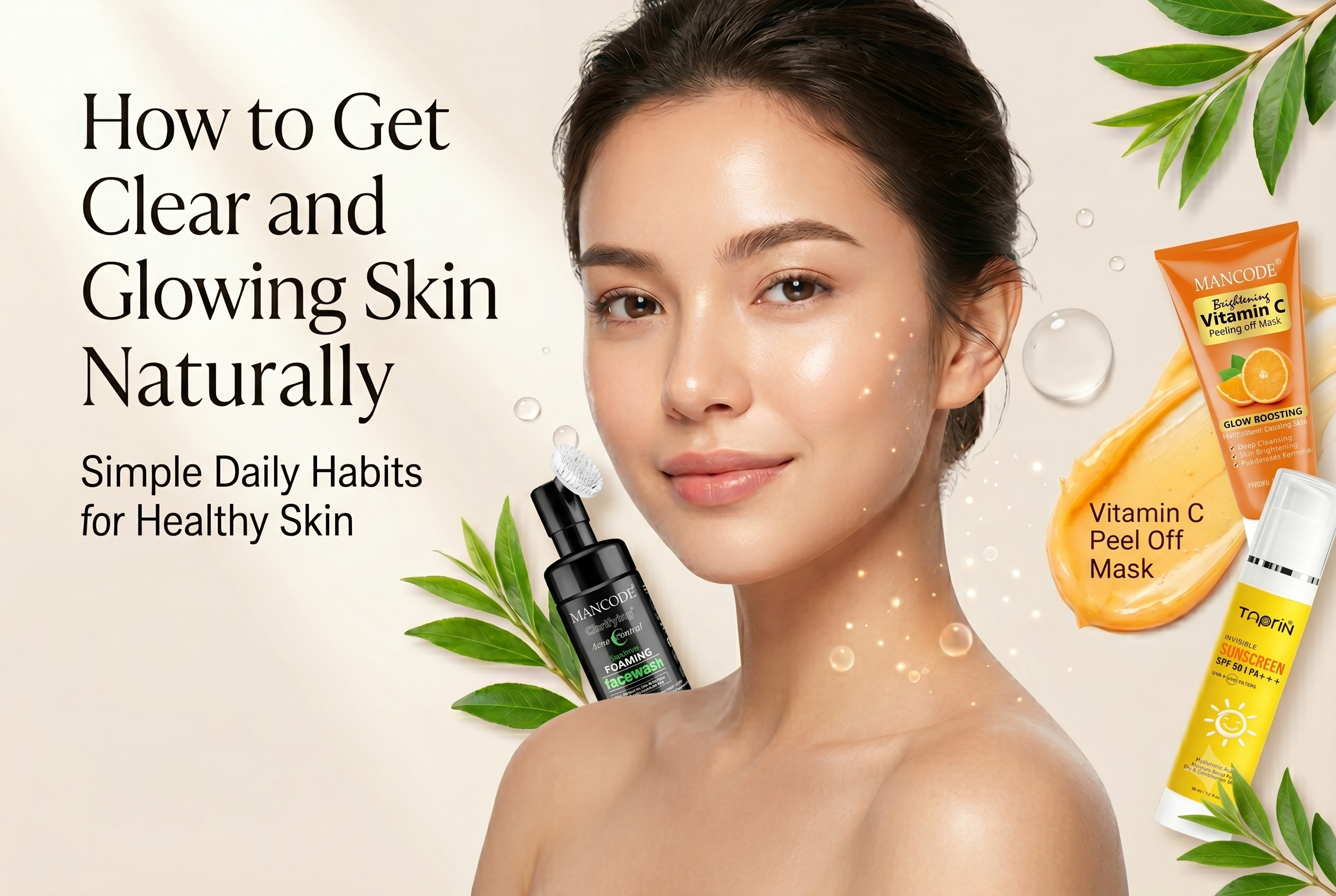 How to get clear and glowing skin naturally with Tea Tree Face Wash, Vitamin C Peel Off Mask, and Sunscreen for healthy radiant skin.