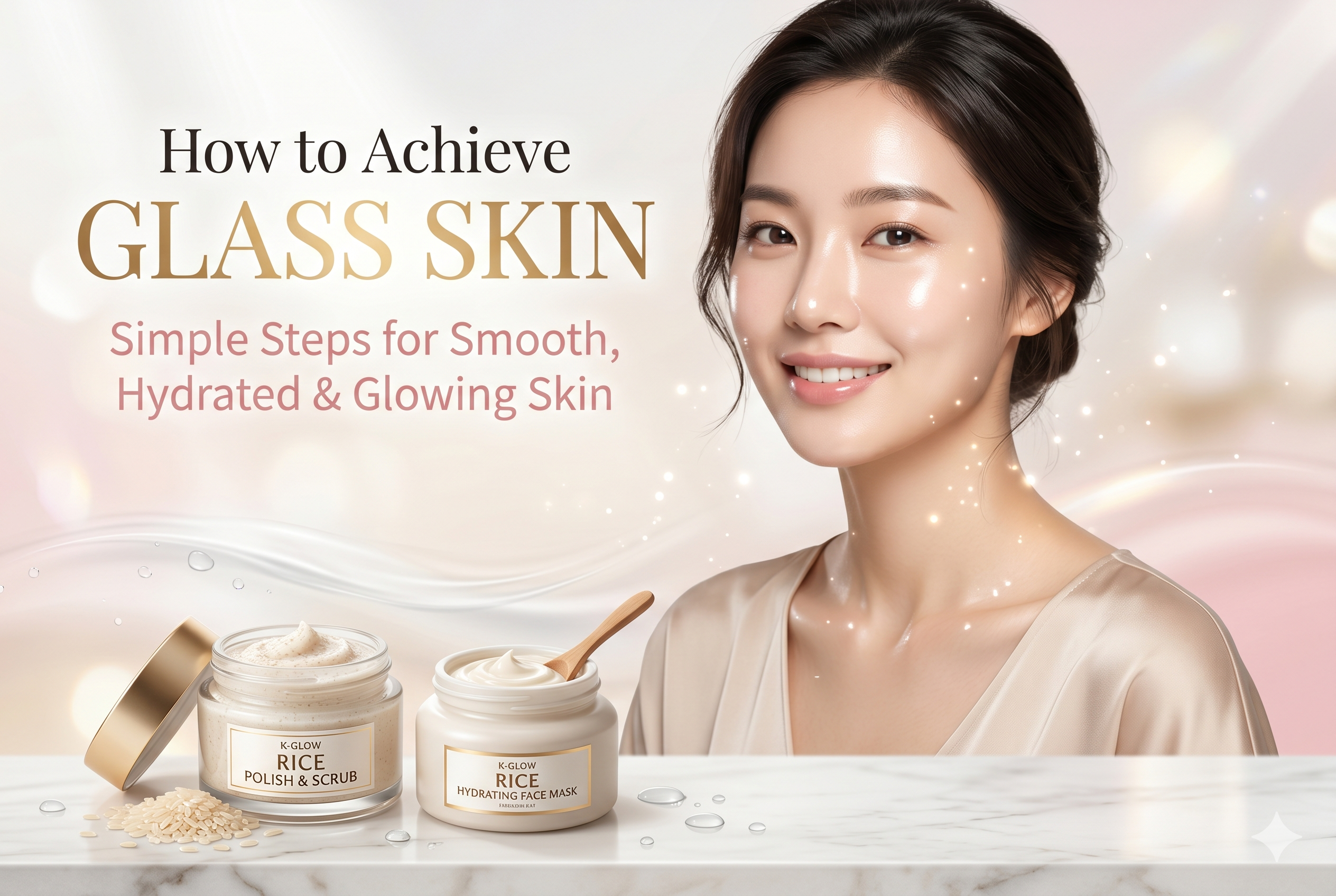 Hydrated glowing glass skin with rice-based skincare products and facial care routine