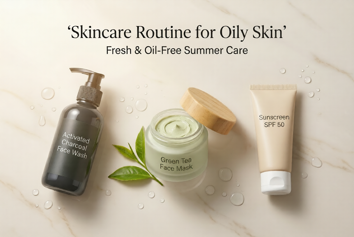 Skincare routine for oily skin with Activated Charcoal Face Wash, green tea face mask, and Sunscreen SPF 50 for summer care