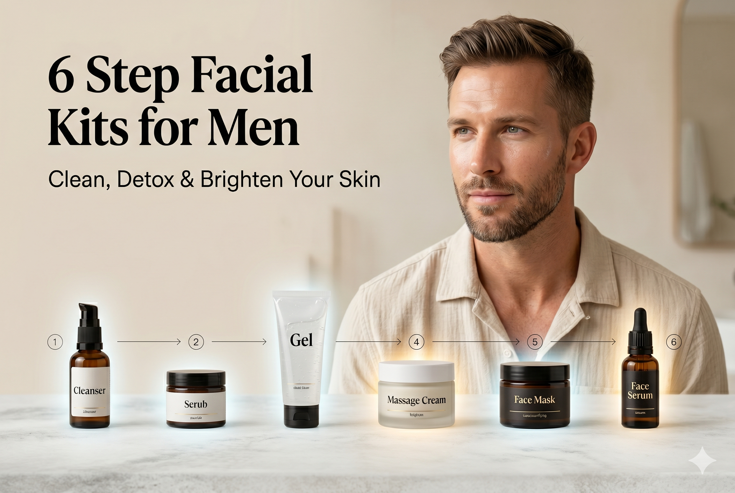 6 step facial kit for men including cleanser, scrub, gel, massage cream, face mask and face serum for clean, detox and bright skin