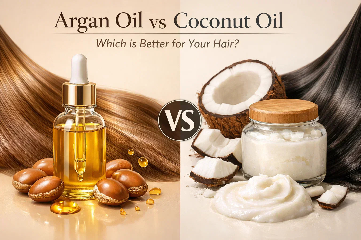 Comparison of argan oil and coconut oil for hair showing argan oil hair serum and coconut oil benefits