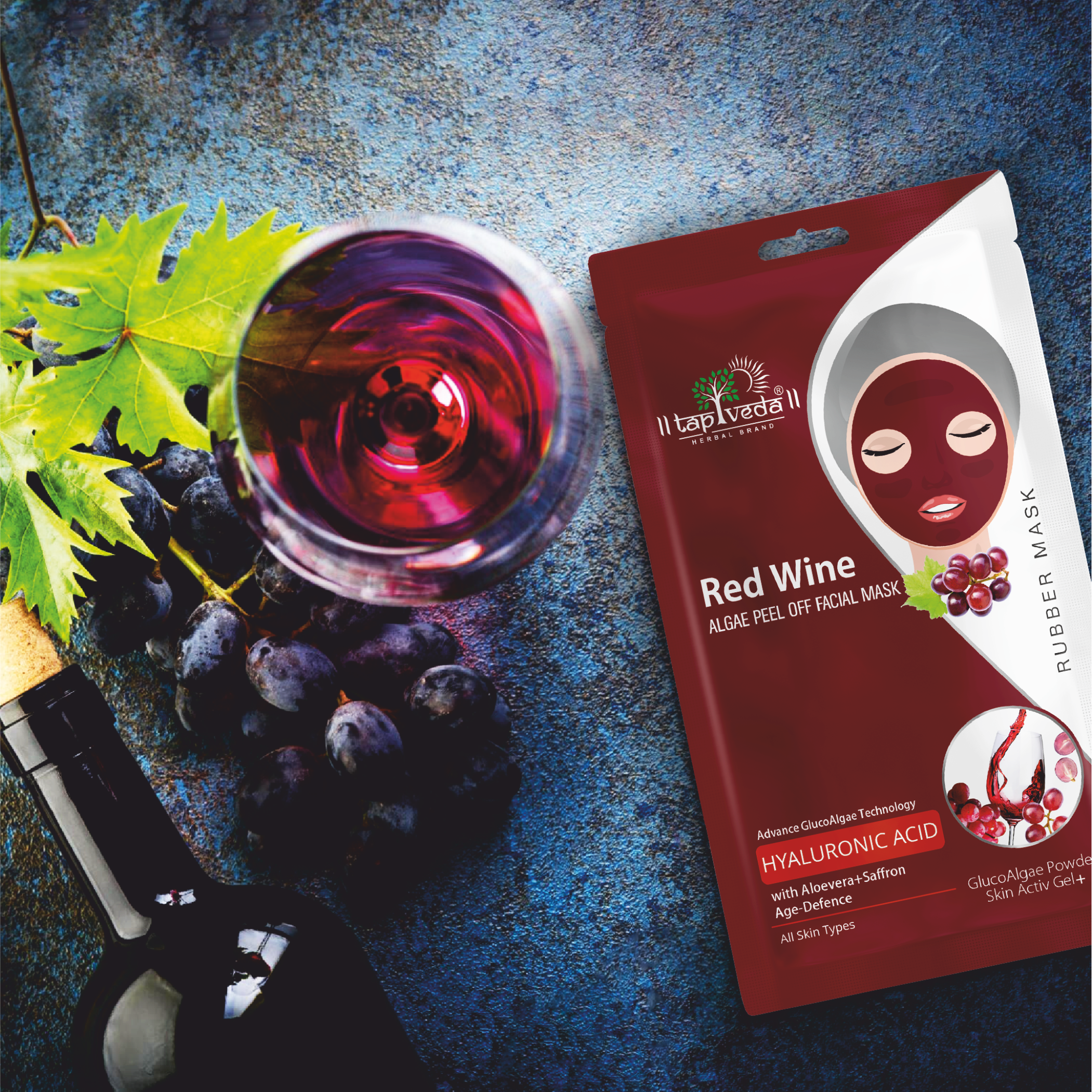 Tapveda Red Wine Gluco Algae Peel Off Face Mask with Hyaluronic Acid For Young & Glowing Skin (90g)