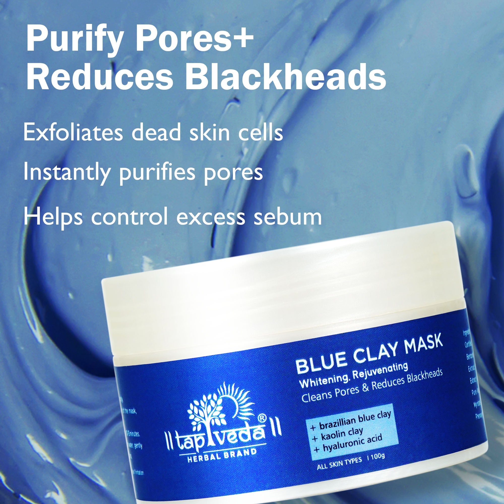 Tapveda Brazilian Blue Clay Face Mask – 100g | Brightens Skin, Removes Tan, Unclogs Pores & Reduces Blackheads