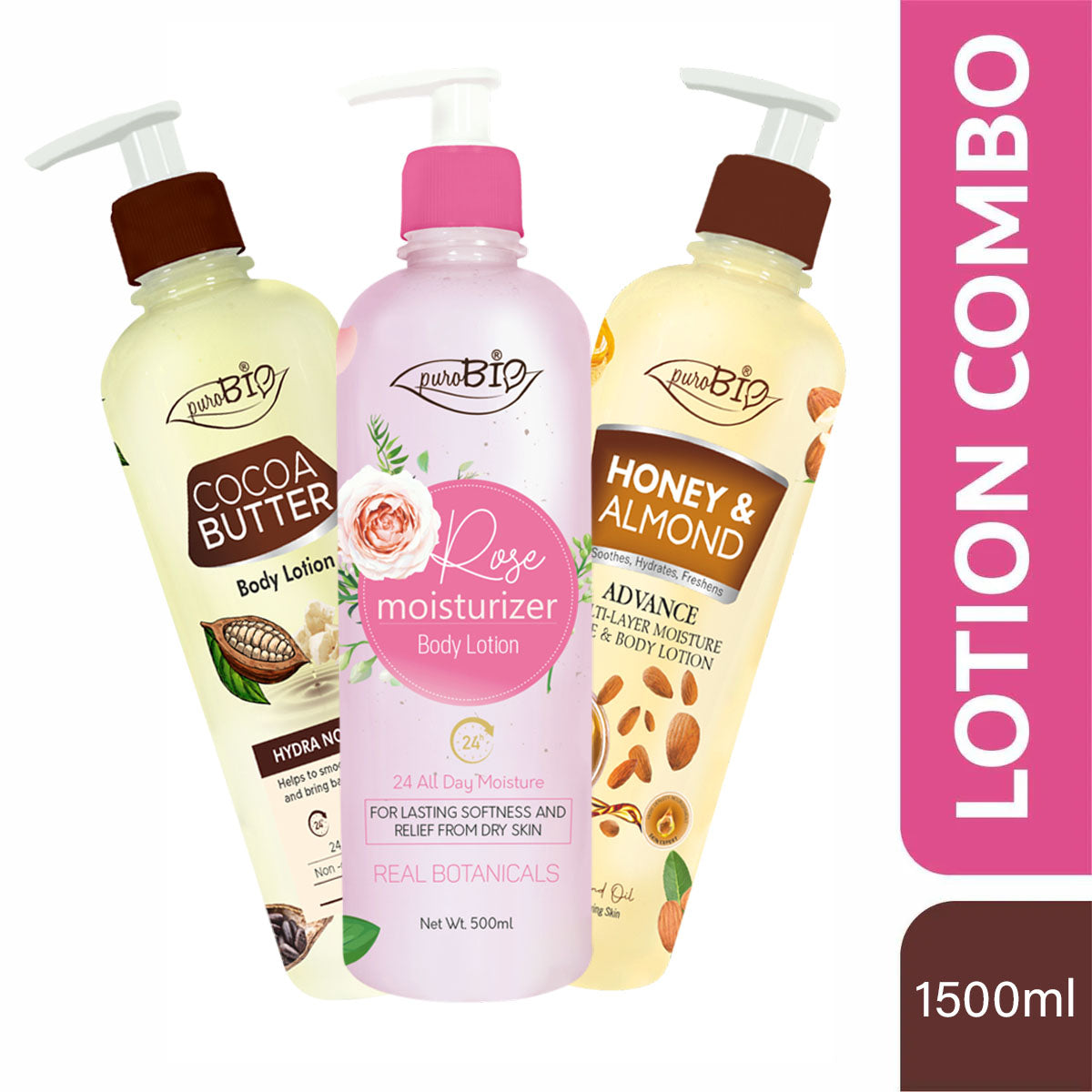 Purobio Honey Almond & Rose Body Lotion Combo (1000ml)– Deep Hydration, Nourish & Soften Your Skin