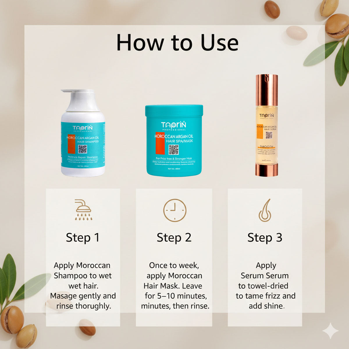 How to use Moroccan argan oil hair care kit with shampoo hair mask and serum steps
