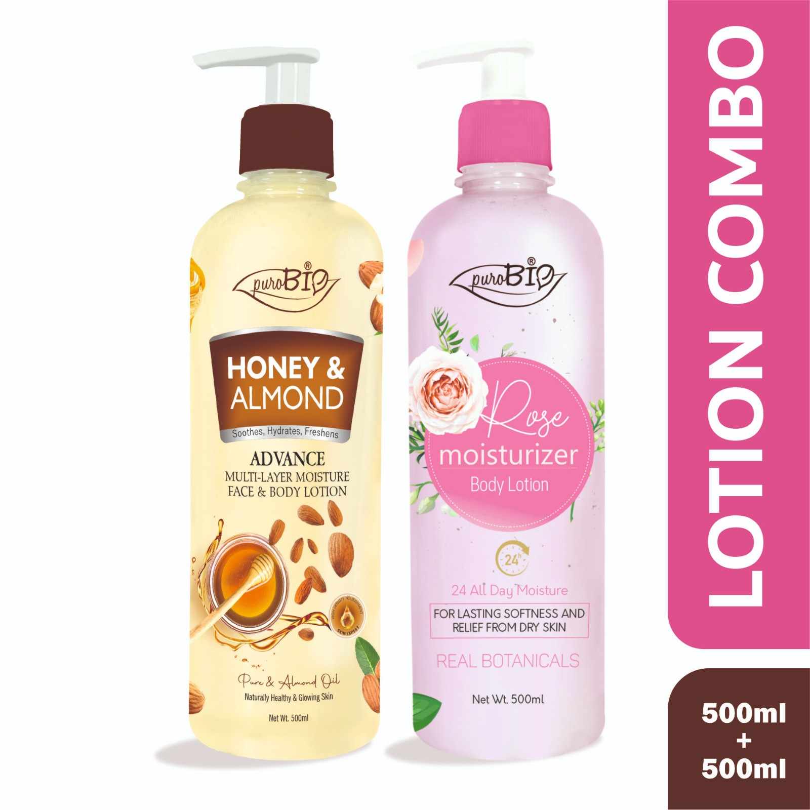Purobio Honey Almond & Rose Body Lotion Combo (1000ml)– Deep Hydration, Nourish & Soften Your Skin