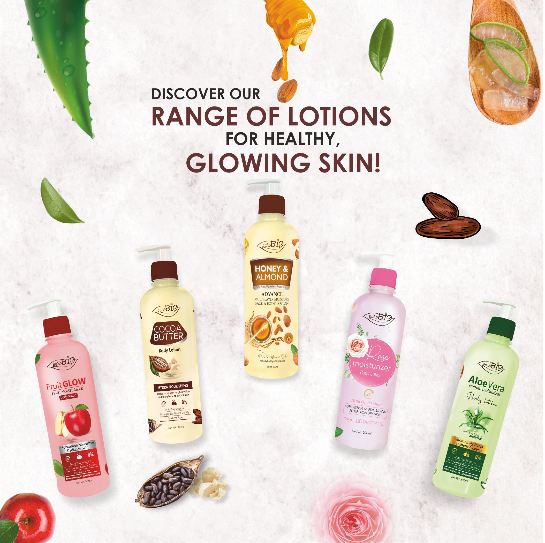 Purobio Honey Almond & Rose Body Lotion Combo (1000ml)– Deep Hydration, Nourish & Soften Your Skin