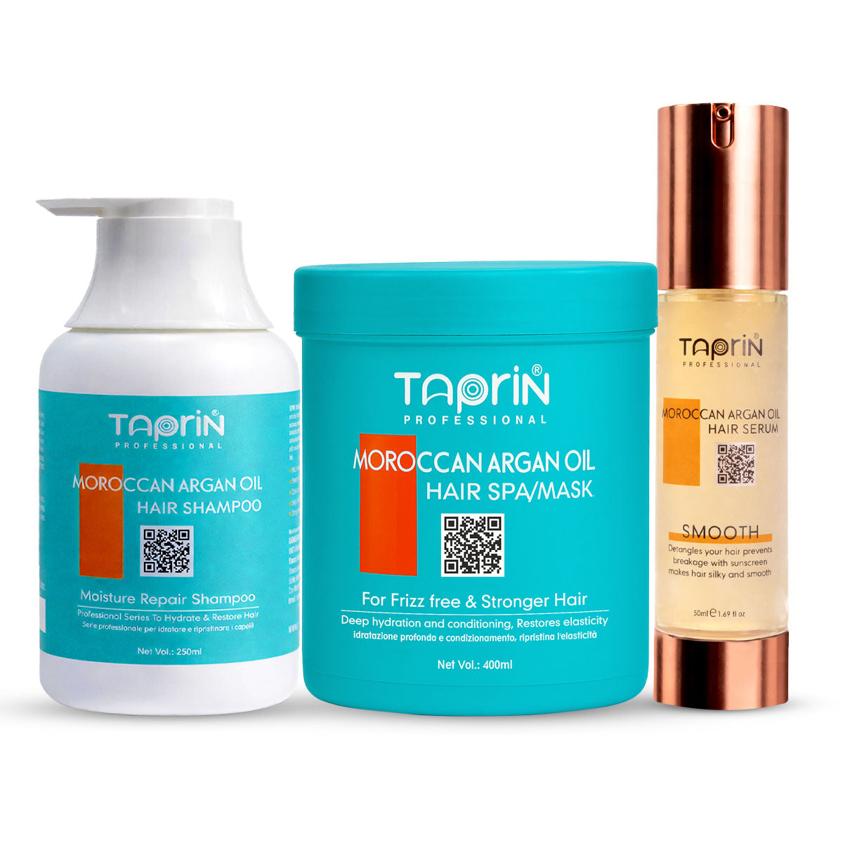 Taprin Moroccan Argan Oil Hair Care Kit Pack of 3 with argan oil shampoo, Moroccan argan oil hair mask and argan oil hair serum