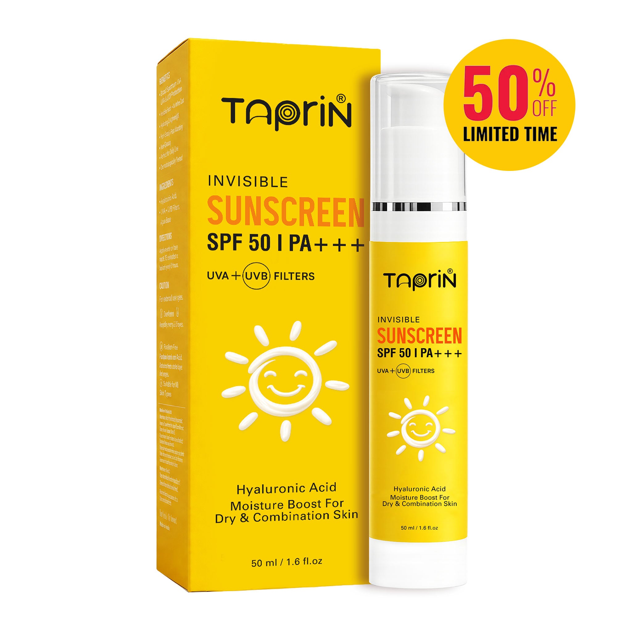 Taprin Invisible Sunscreen — No White Cast, No Greasiness | SPF 50 PA+++ for Indian Skin (50ml)