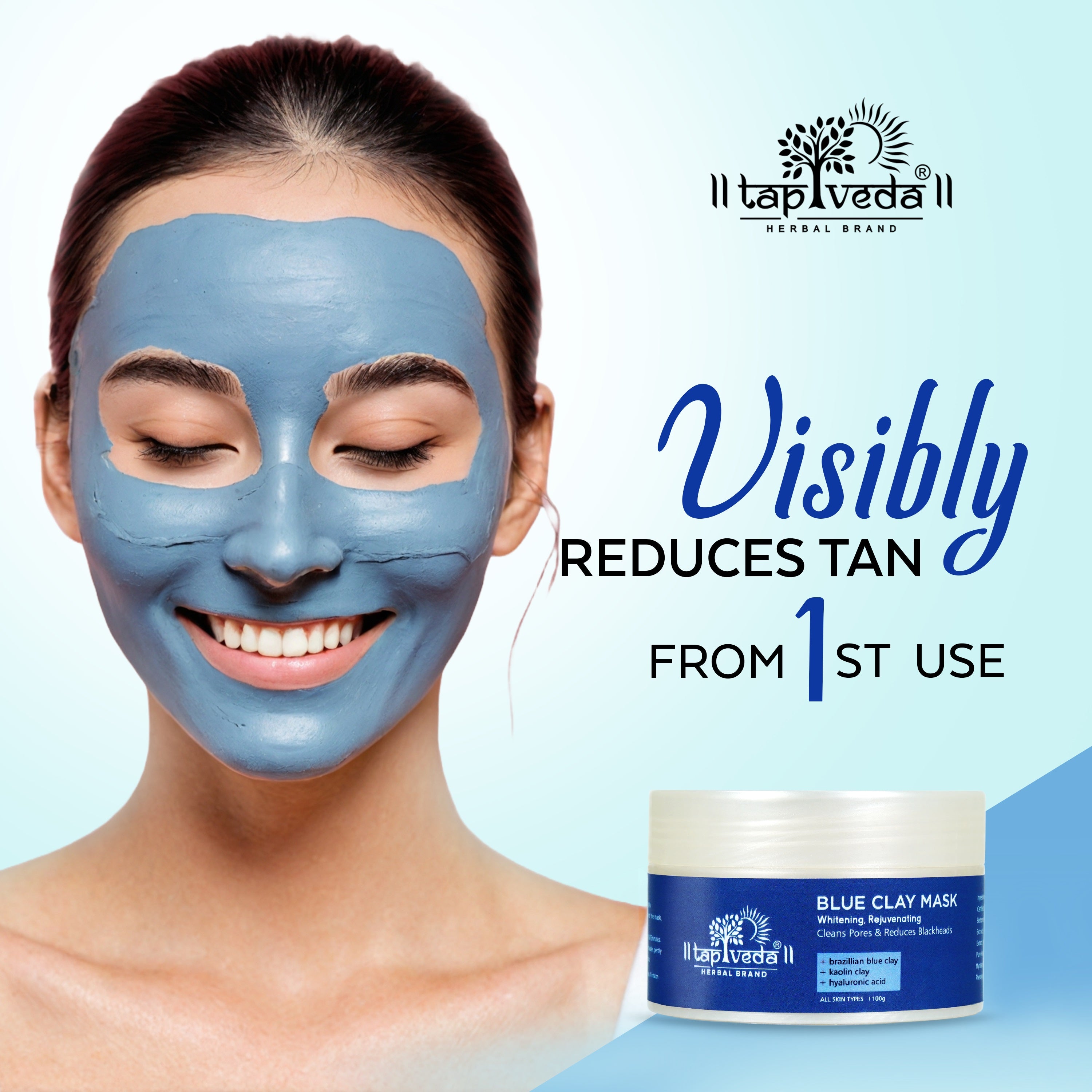 Deep cleansing Brazilian Blue Clay Mask by Tapveda removes tan