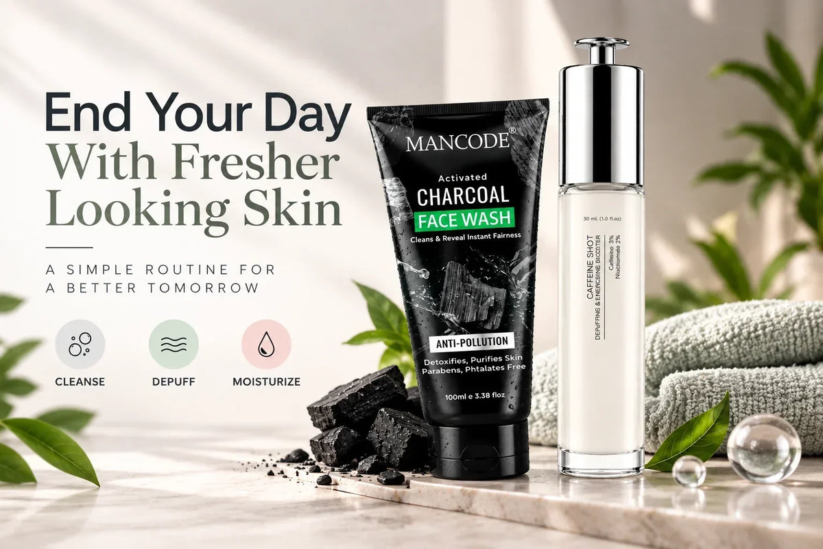 Refresh tired-looking skin with face wash, depuffing face serum, and nourishing skincare routine.