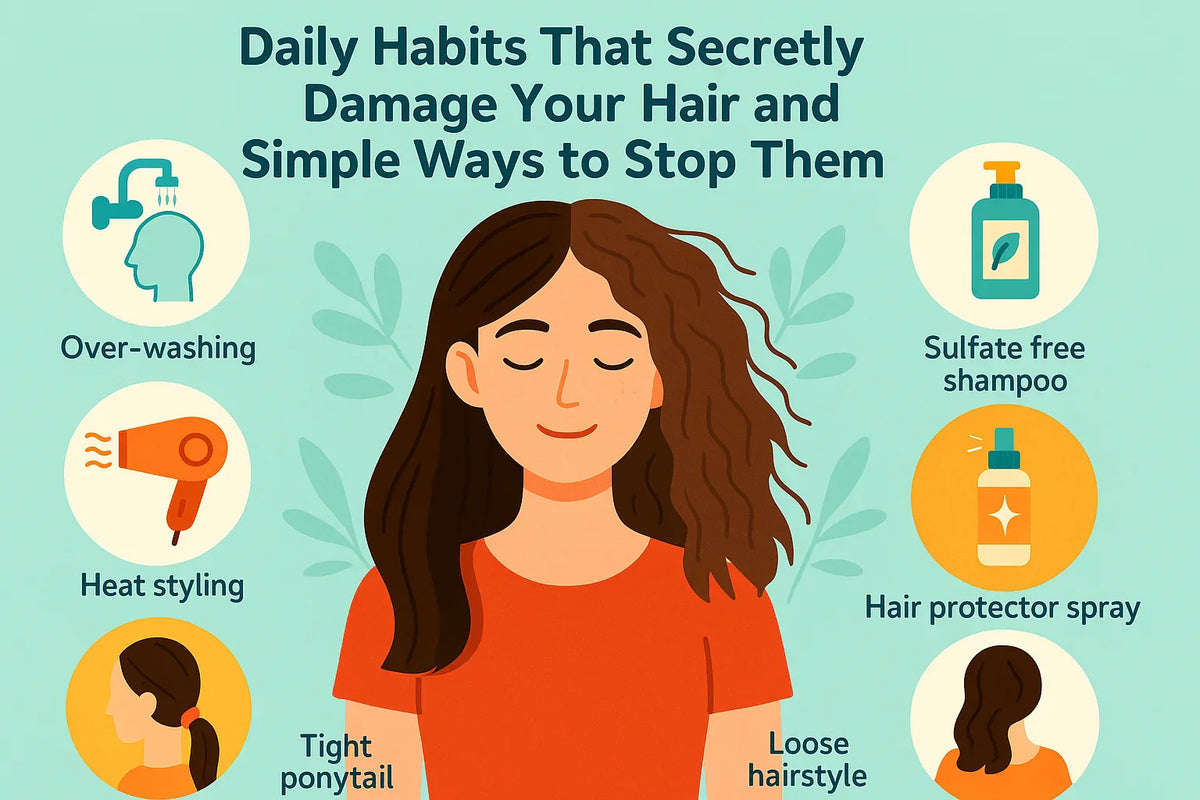 Showing daily hair habits that damage hair like over-washing, heat styling, tight ponytail, with solutions as sulfate free shampoo and hair protector spray.