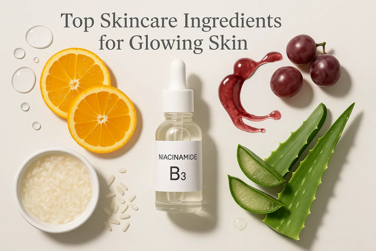 Flat lay of top skincare ingredients — hyaluronic acid, vitamin C (orange slices), niacinamide serum, rice water bowl, and red wine extract — used for glowing and healthy skin.