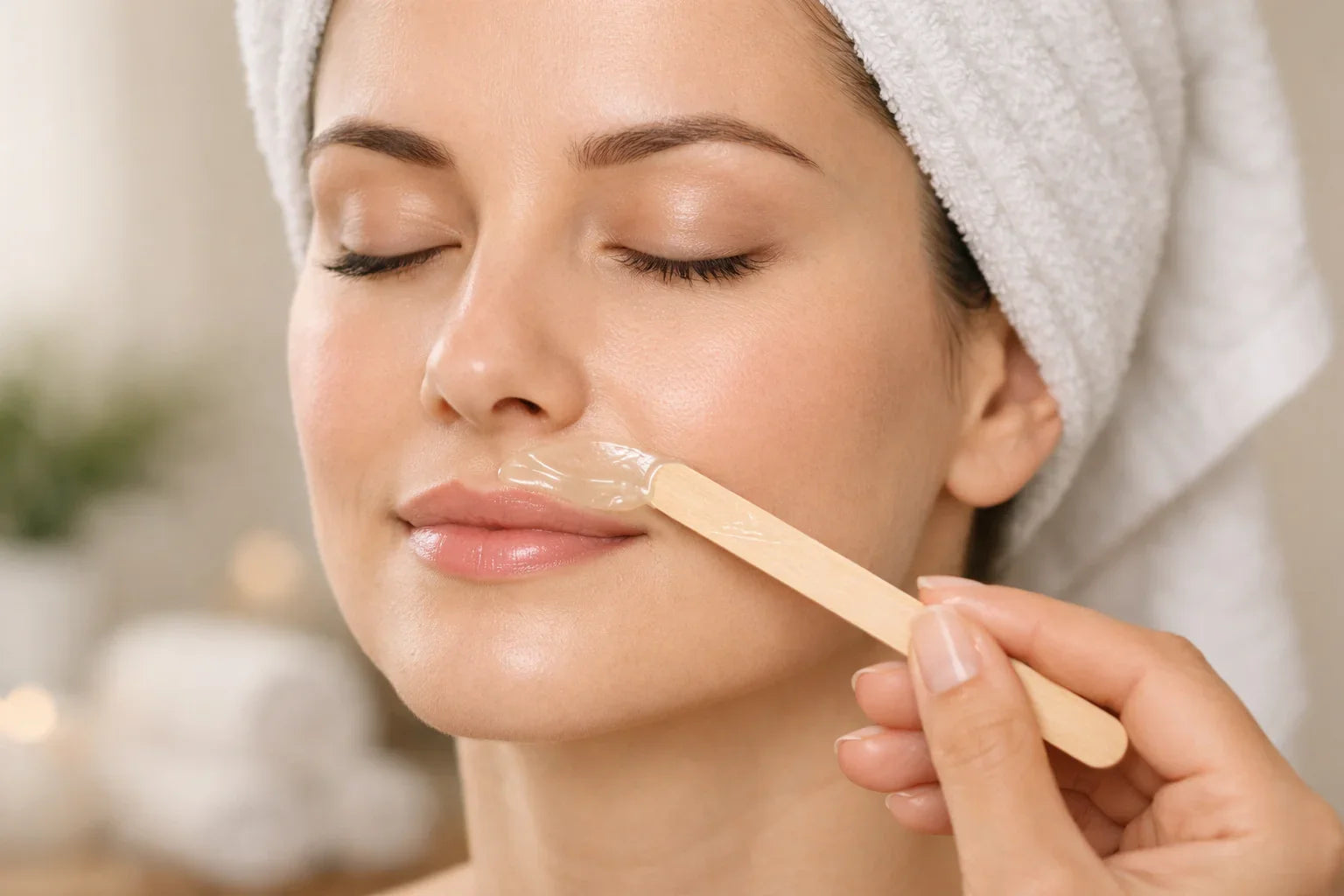 Woman applying peel-off facial wax on upper lip using wooden spatula during skincare routine