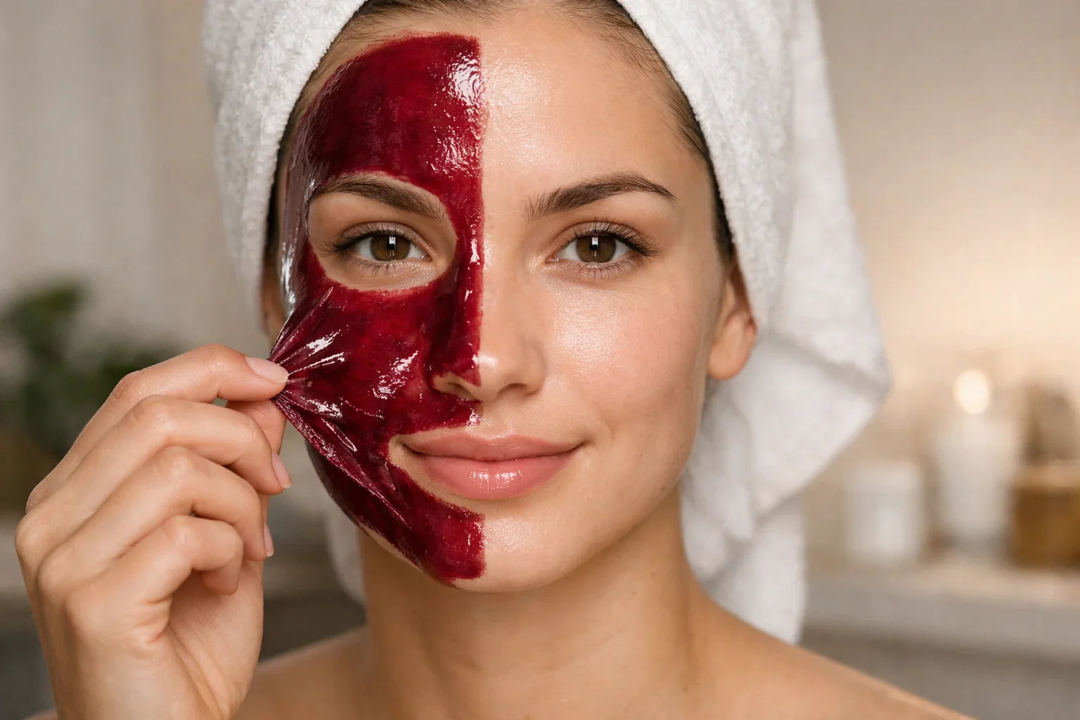 woman peeling off red wine peel off mask for deep skin cleansing