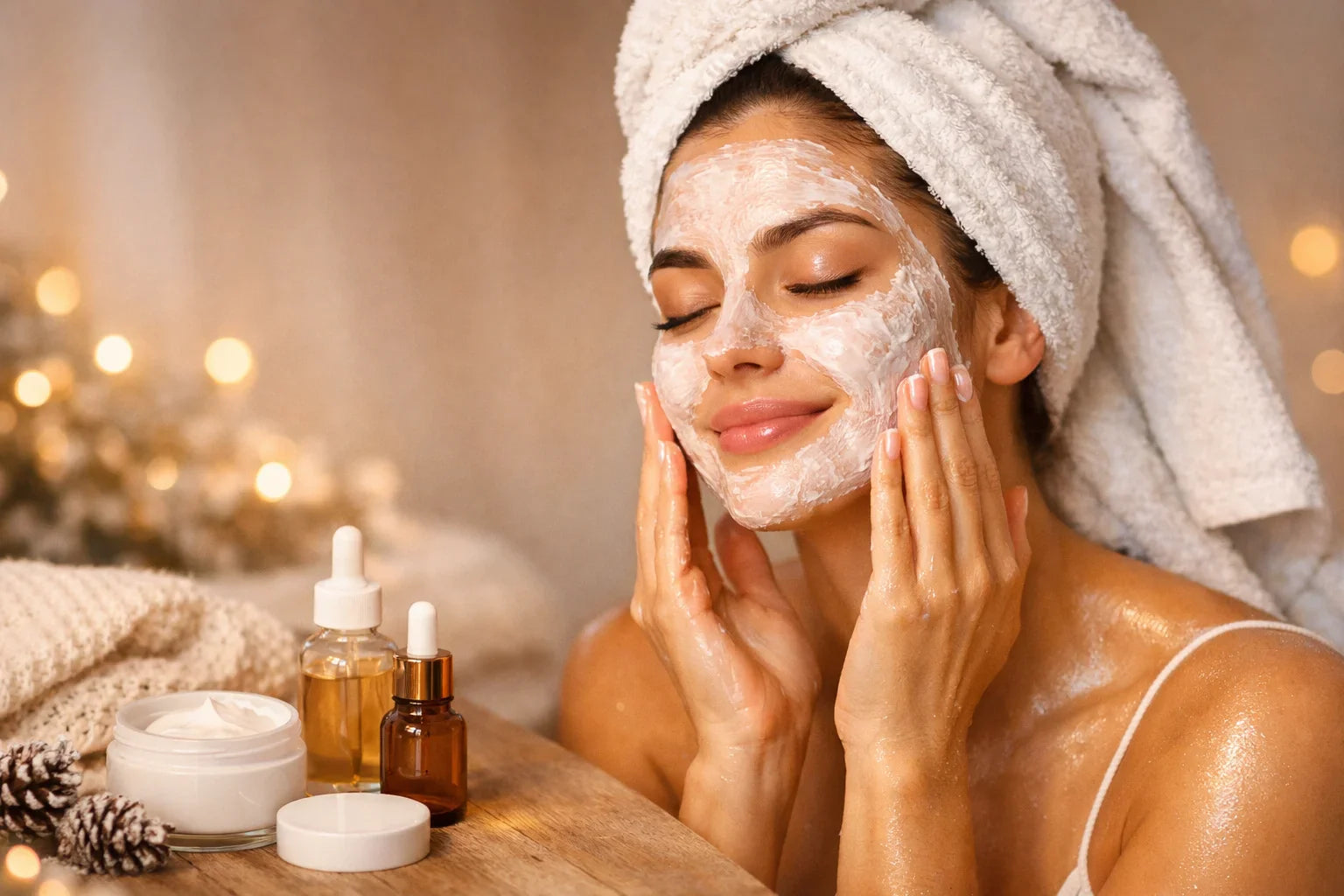 Woman applying a face mask during a relaxing skincare routine for deep cleansing and glowing skin