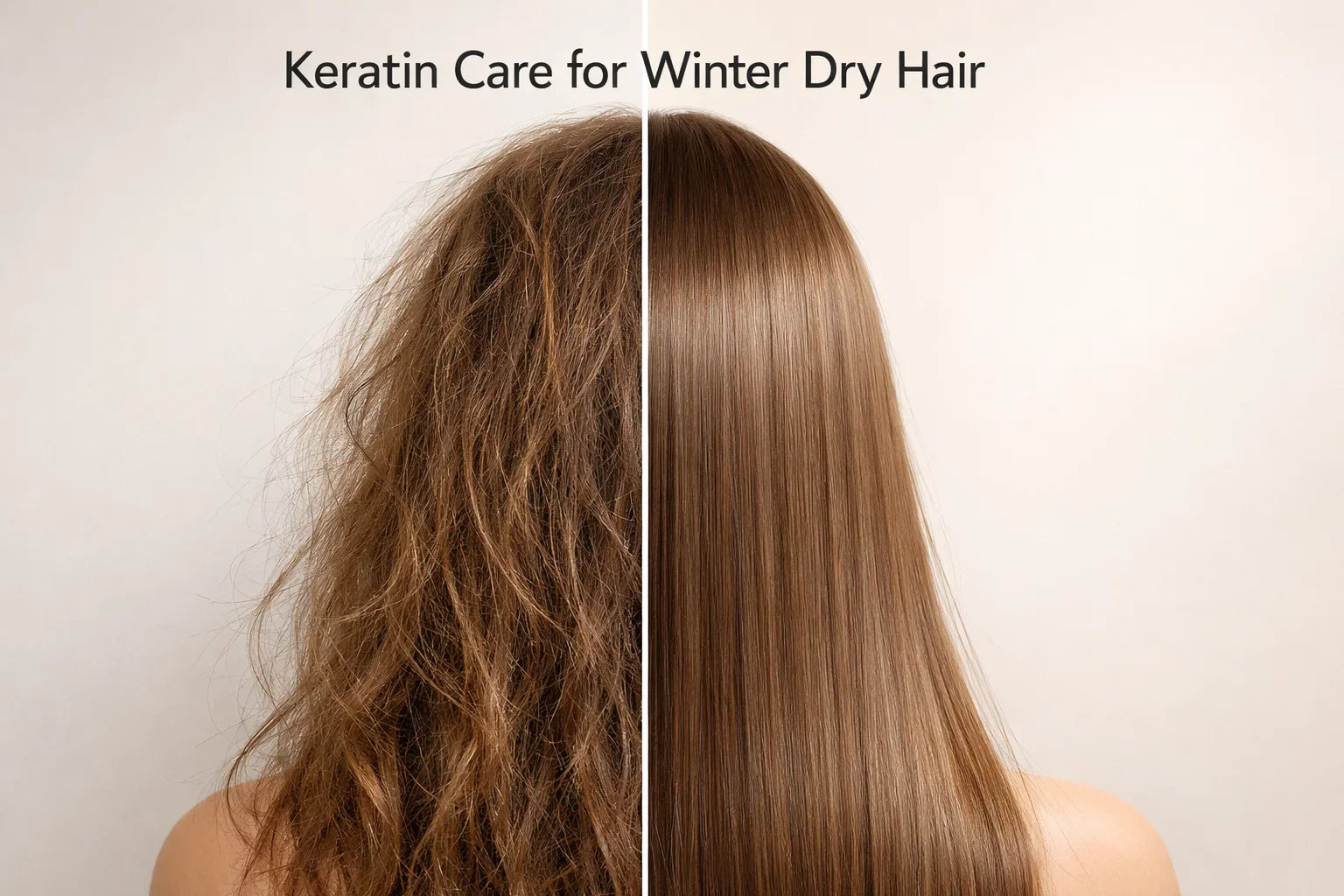 Before and after comparison showing dry frizzy hair and smooth straight hair after keratin care in winter