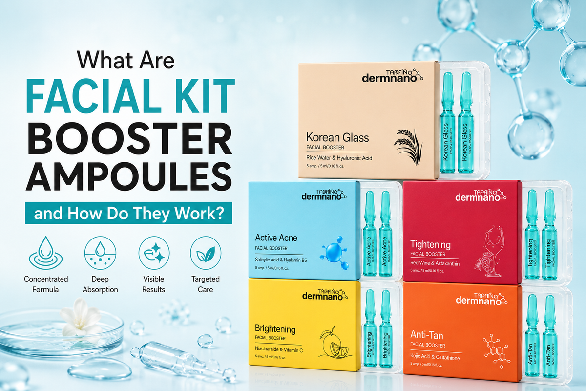Skincare facial kit booster ampoules with active ingredients like Niacinamide, Vitamin C, Kojic Acid, Salicylic Acid, and Hyaluronic Acid