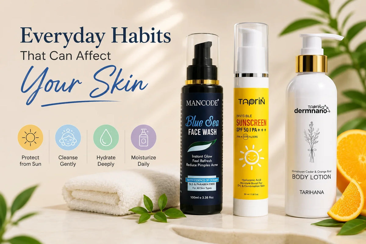 Everyday skincare routine featuring sunscreen, foaming face wash, and body lotion for healthy looking skin