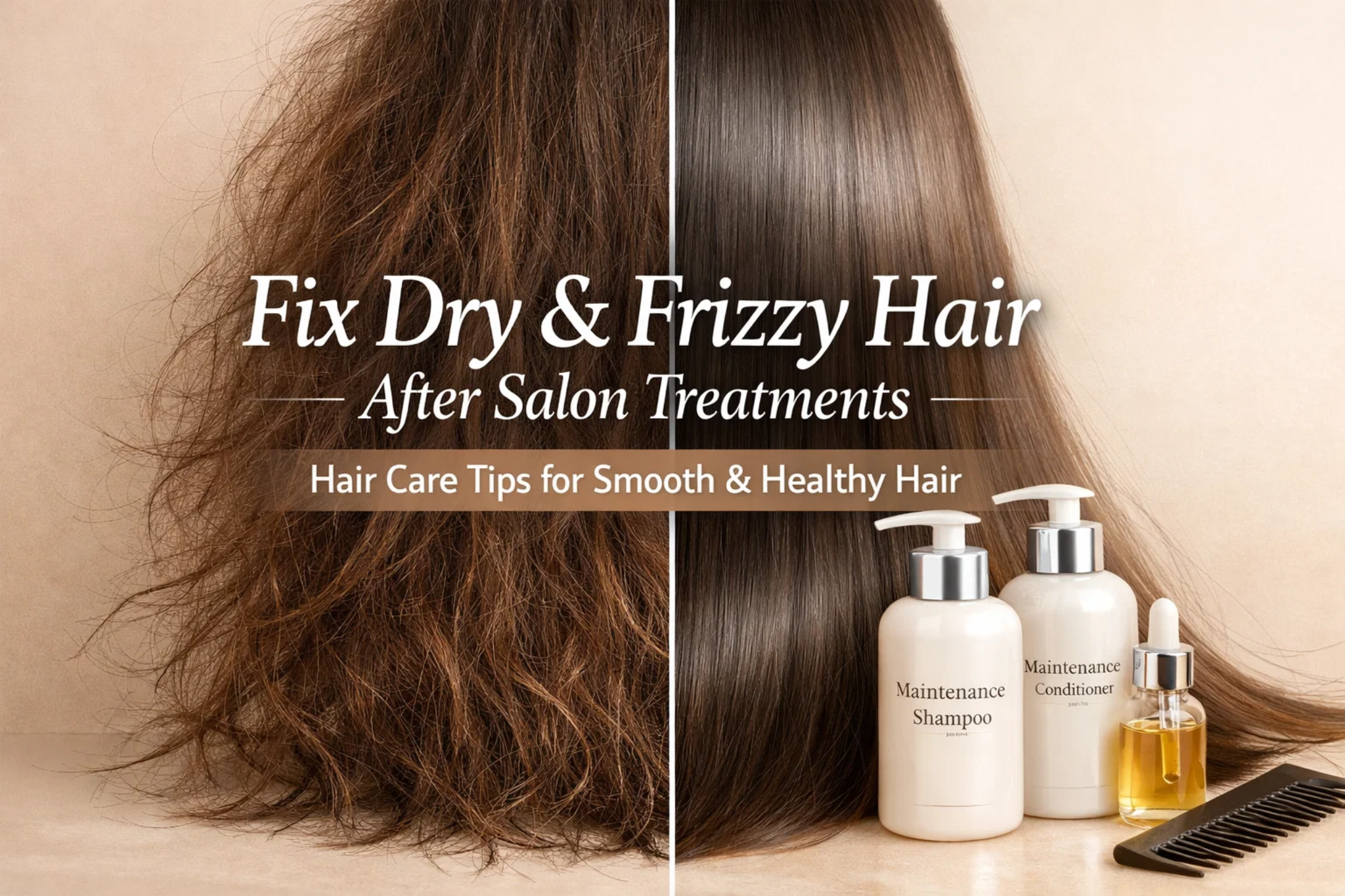 Salon Hair Treatments aftercare showing dry frizzy hair and smooth hair with Maintenance Shampoo & Conditioner
