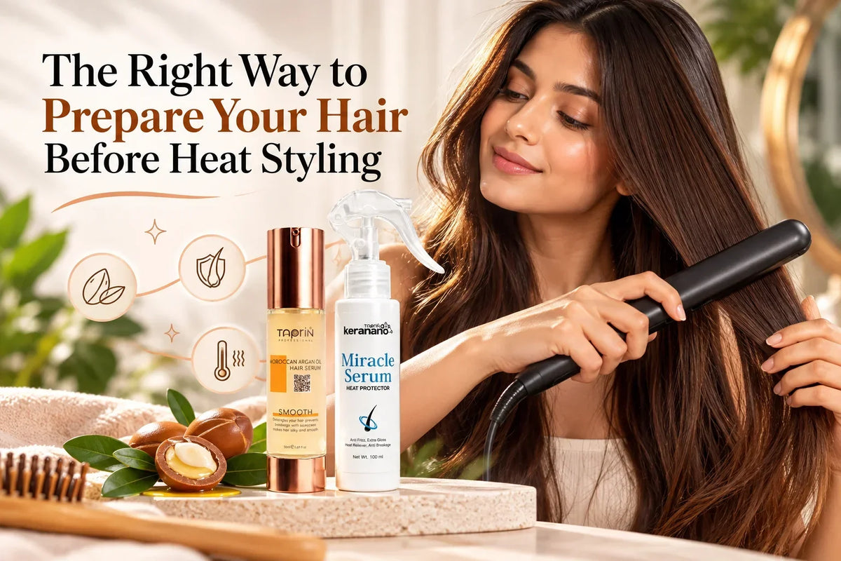 Hair preparation before heat styling with argan oil hair serum and heat protection spray