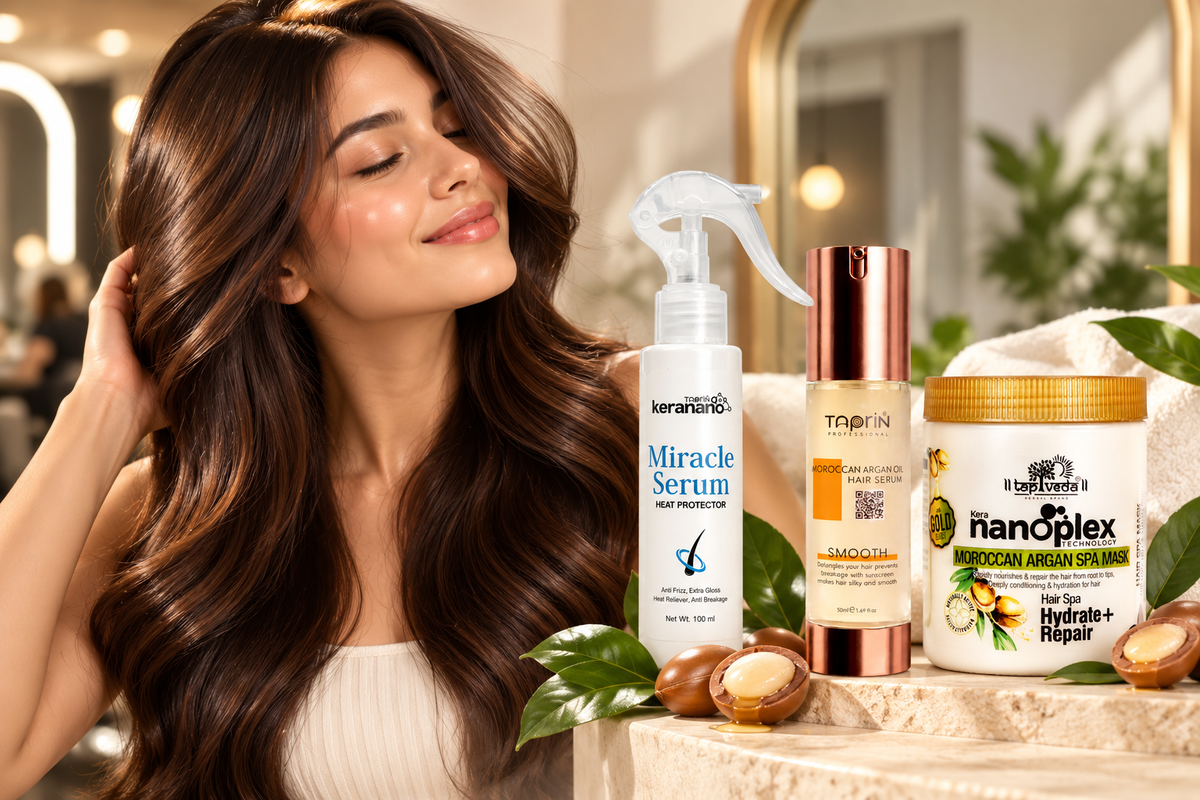 Woman with smooth glossy hair using hair care products at home