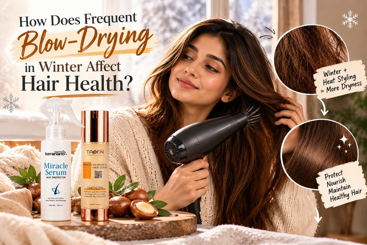 How frequent blow-drying in winter affects hair health, featuring heat protection hair spray, argan oil hair serum, and hair dryness versus smoothness.