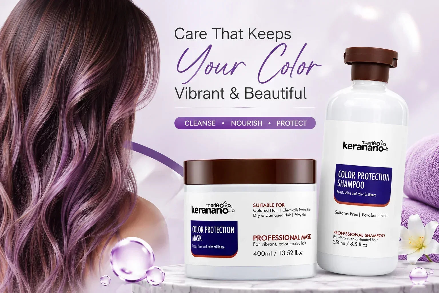 Keranano Color Protection Shampoo and Color Protection Mask for caring for colored, highlighted, and chemically treated hair.