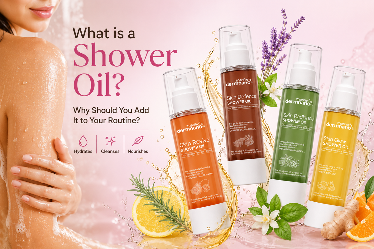 Shower oil guide featuring Skin Revive, Skin Defence, Skin Radiance, and Skin Glow Shower Oil with botanical ingredients.