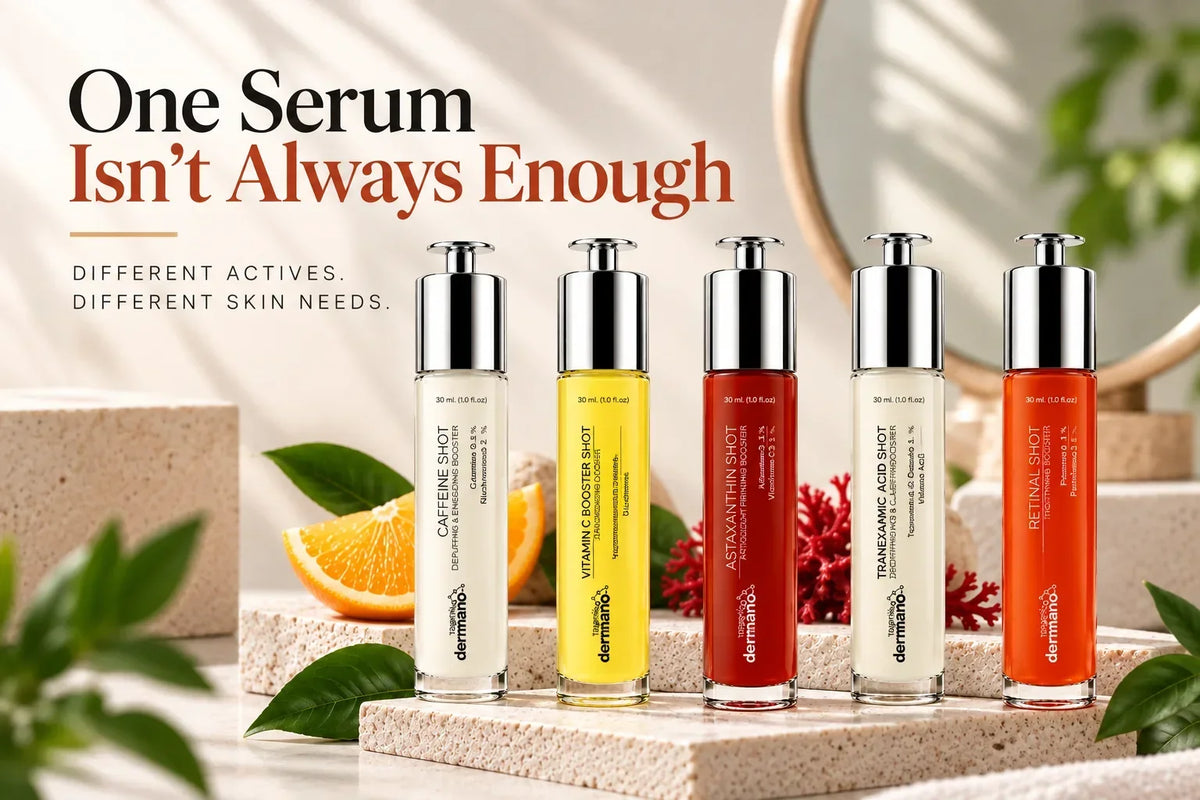 Different face serums for different skin needs featuring caffeine, vitamin C, astaxanthin, tranexamic acid and retinal