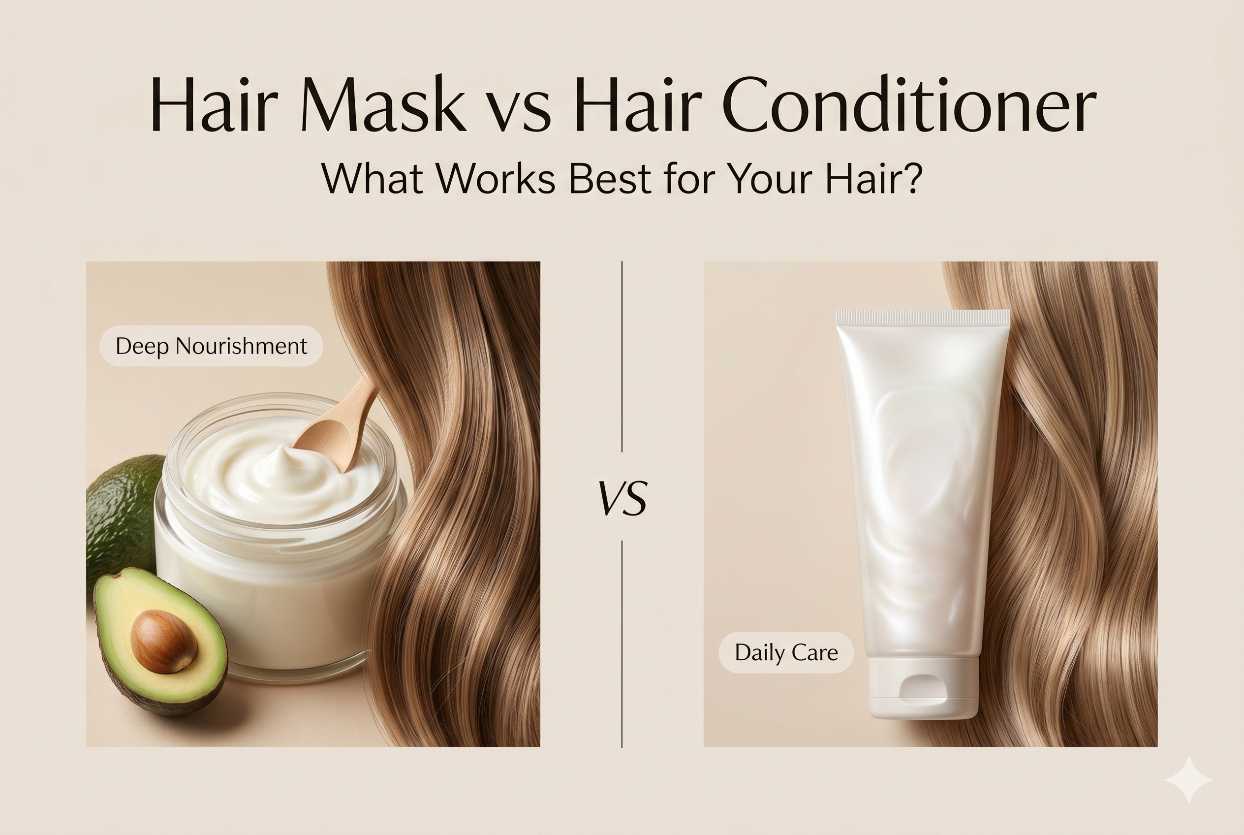 Hair Mask vs Hair Conditioner comparison showing deep nourishment and daily hair care benefits