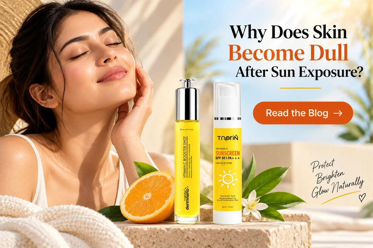 Why does skin become dull after sun exposure with vitamin C booster and SPF 50 sunscreen