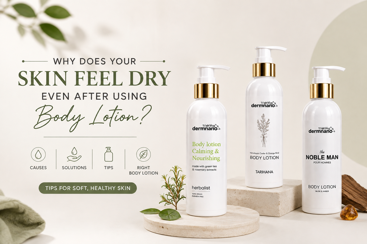 Three Taprin Dermnano body lotions for dry skin care, featuring Herbalist, Tarihana Himalayan Cedar & Orange Rind, and The Noble Man Body Lotion.
