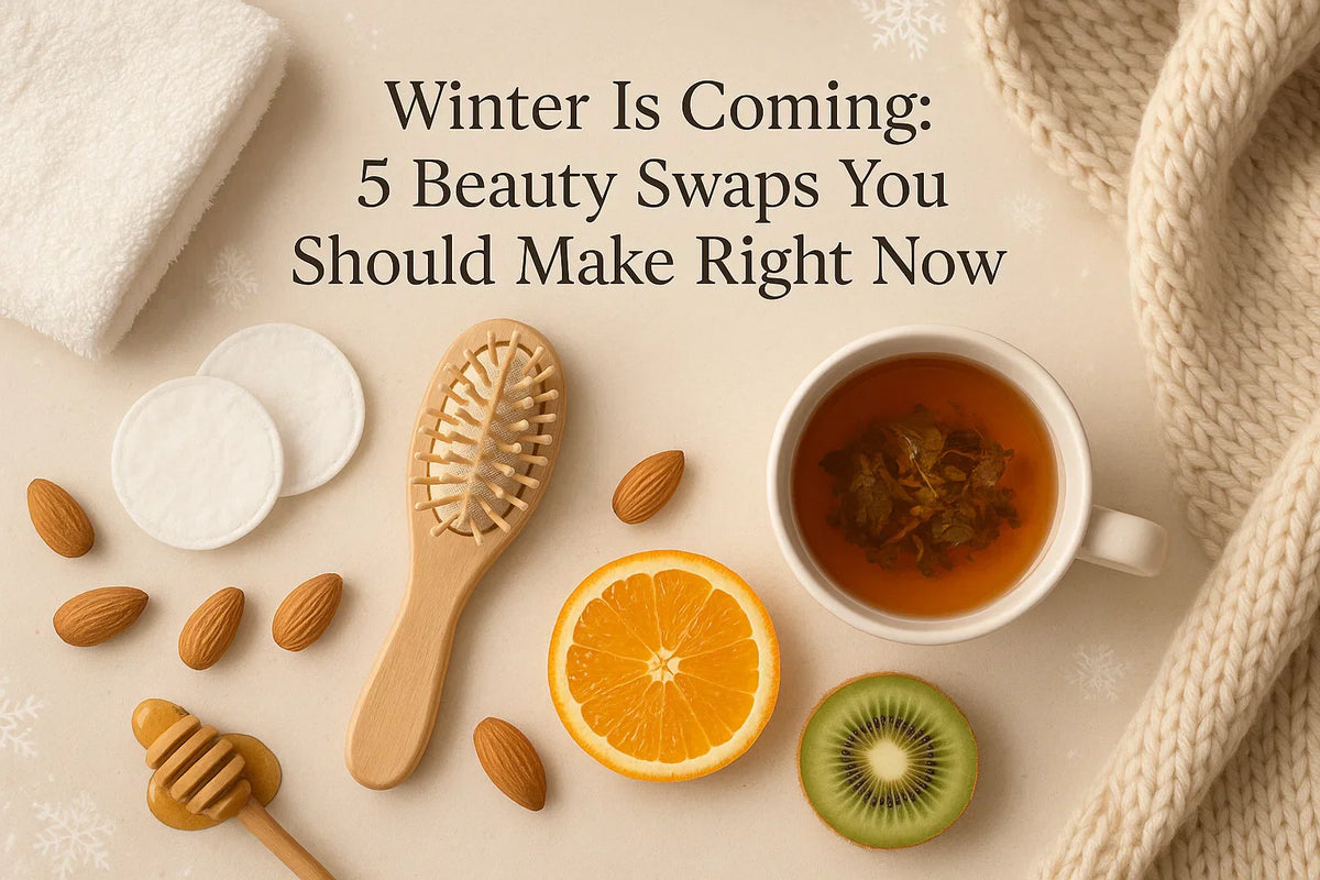 Winter beauty care essentials flat lay natural skincare and body care items like honey, fruits, and tea for glowing skin in cold weather.