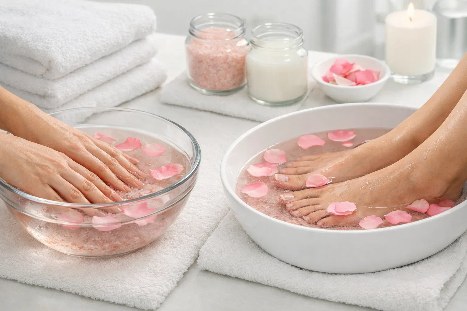 Professional manicure and pedicure soak using rose salt in a salon setup for softening hands and feet before treatment