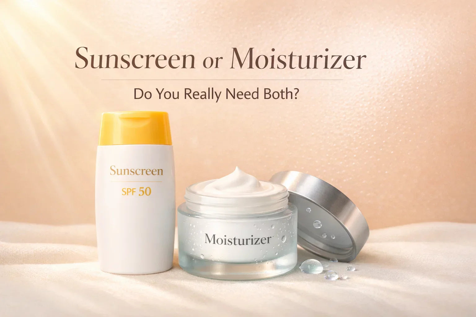 Sunscreen or Moisturizer skincare concept showing sunscreen SPF 50 and moisturizer for daily skin protection and hydration. 
