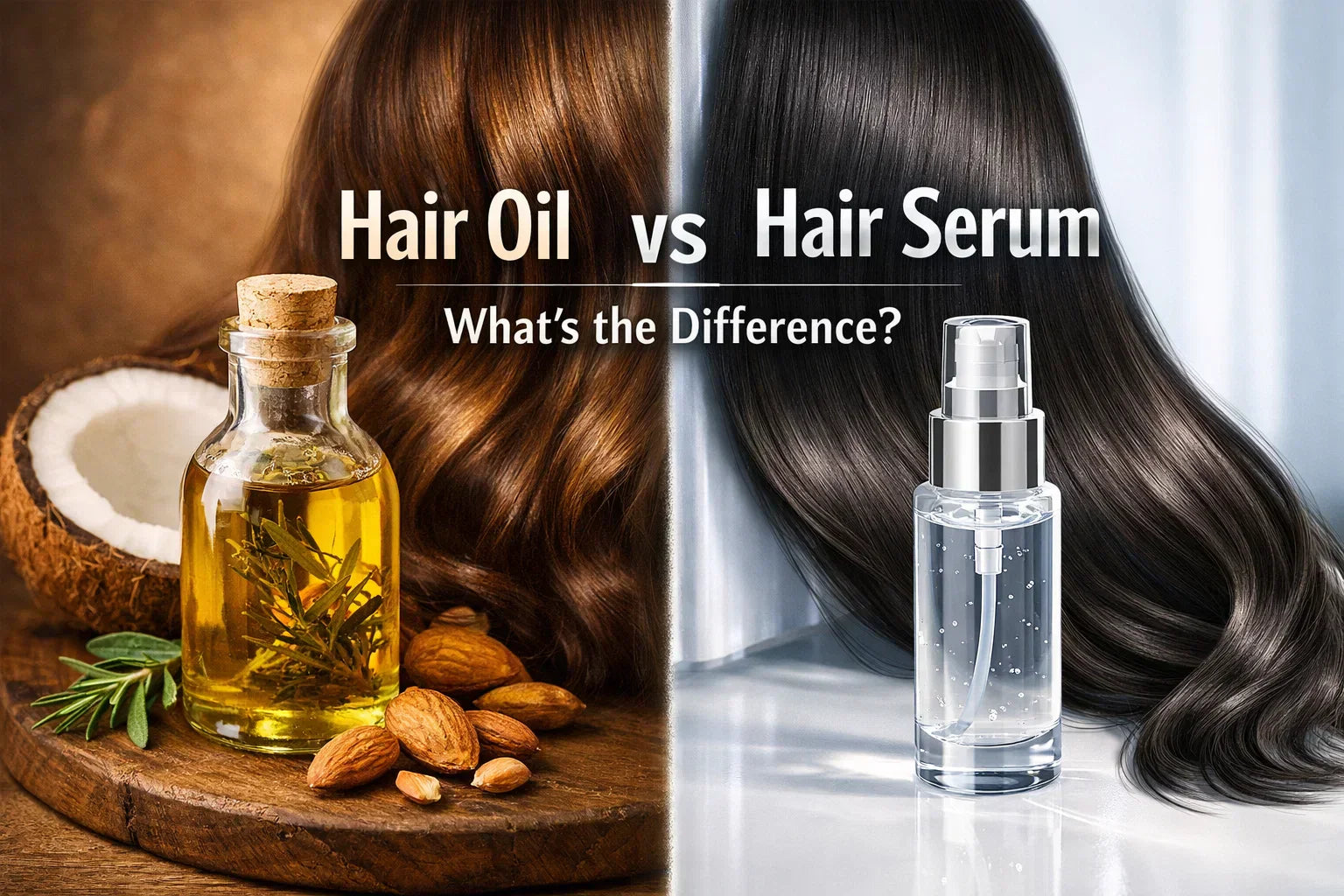 Hair oil vs hair serum comparison showing nourishing oil and smoothing serum benefits for healthy hair