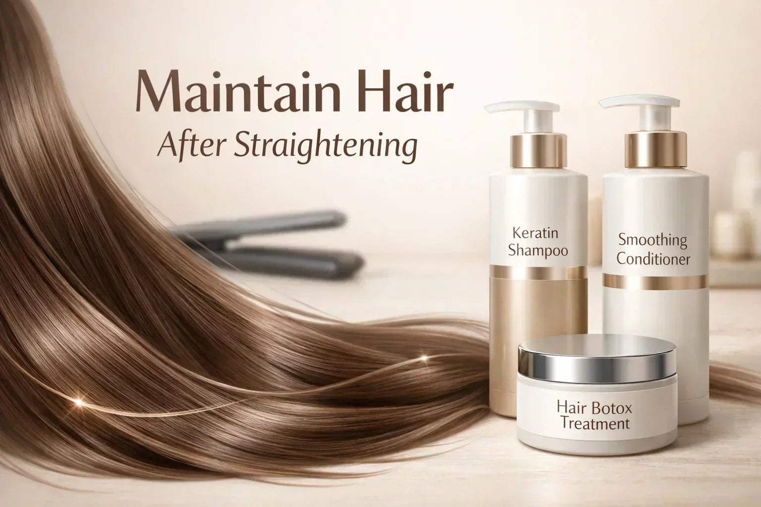 Hair straightening treatment aftercare with shampoo and conditioner for treated hair and botox hair treatment