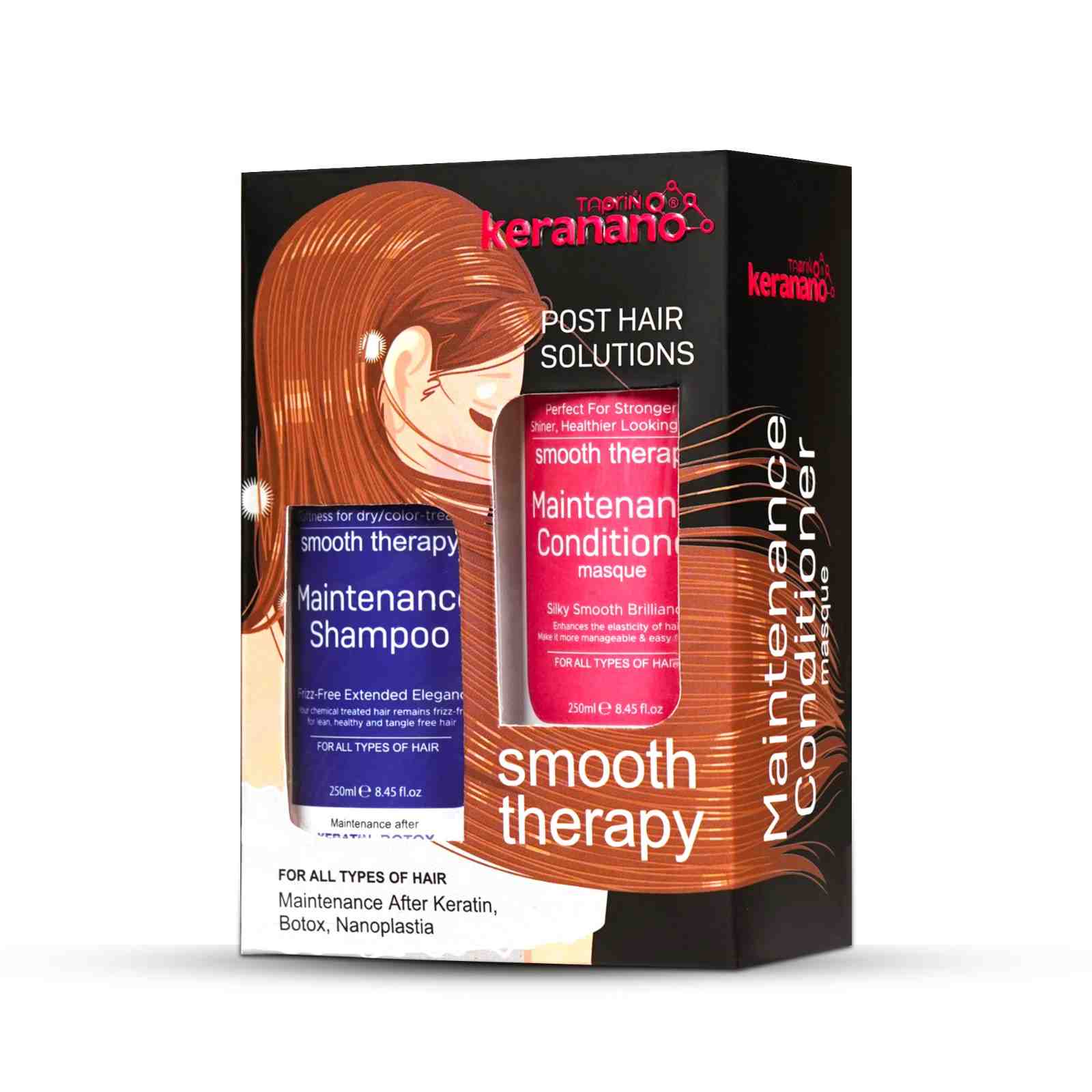 Taprin Keranano Maintainance Conditoner and Shampoo for Straight and Shiny Hairs - (Each - 250ml) x 2 | Home Care Kit