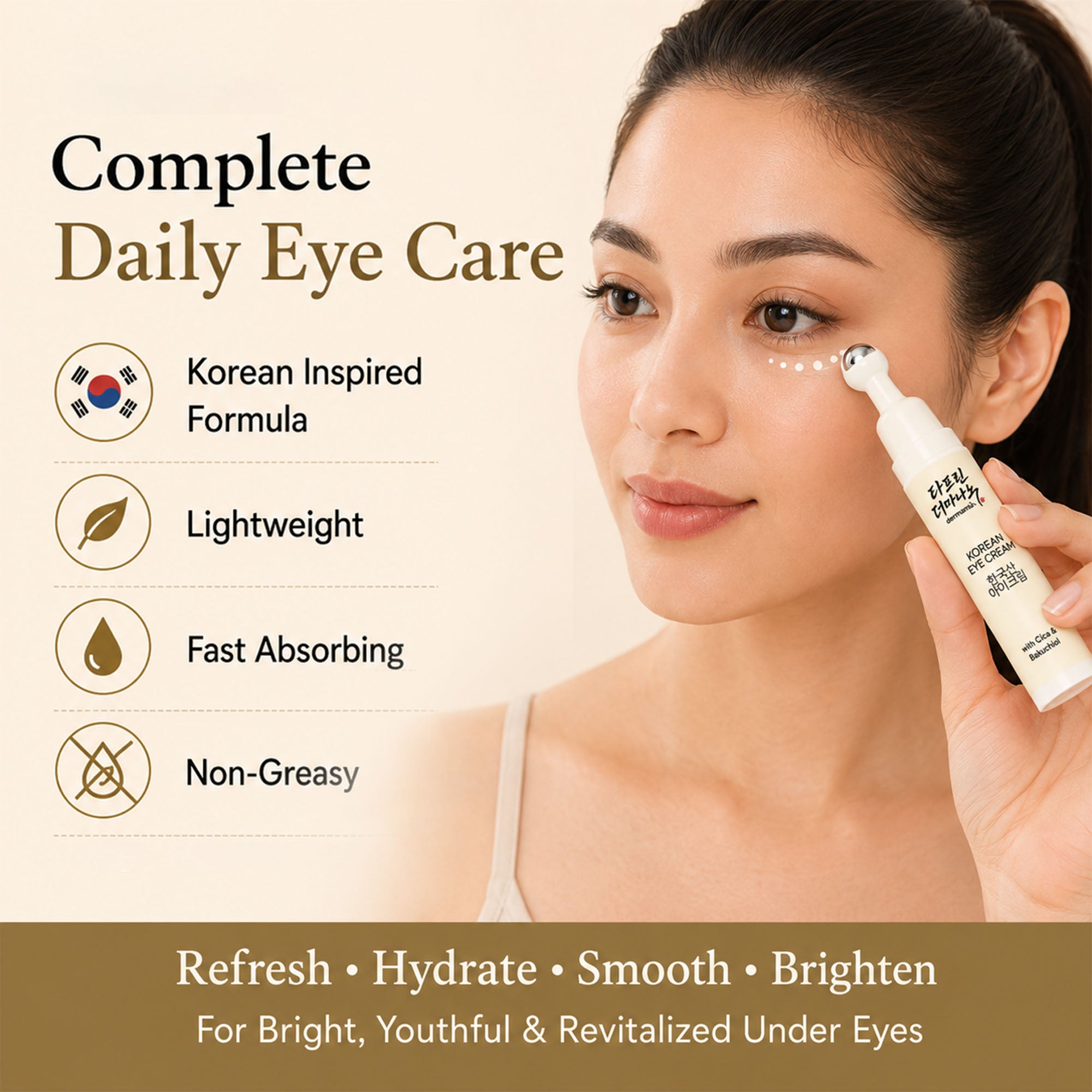 Korean Eye Cream with Centella & Bakuchiol | Hydrating Under Eye Cream with Roller for Dark Circles & Fine Line Support (15g)